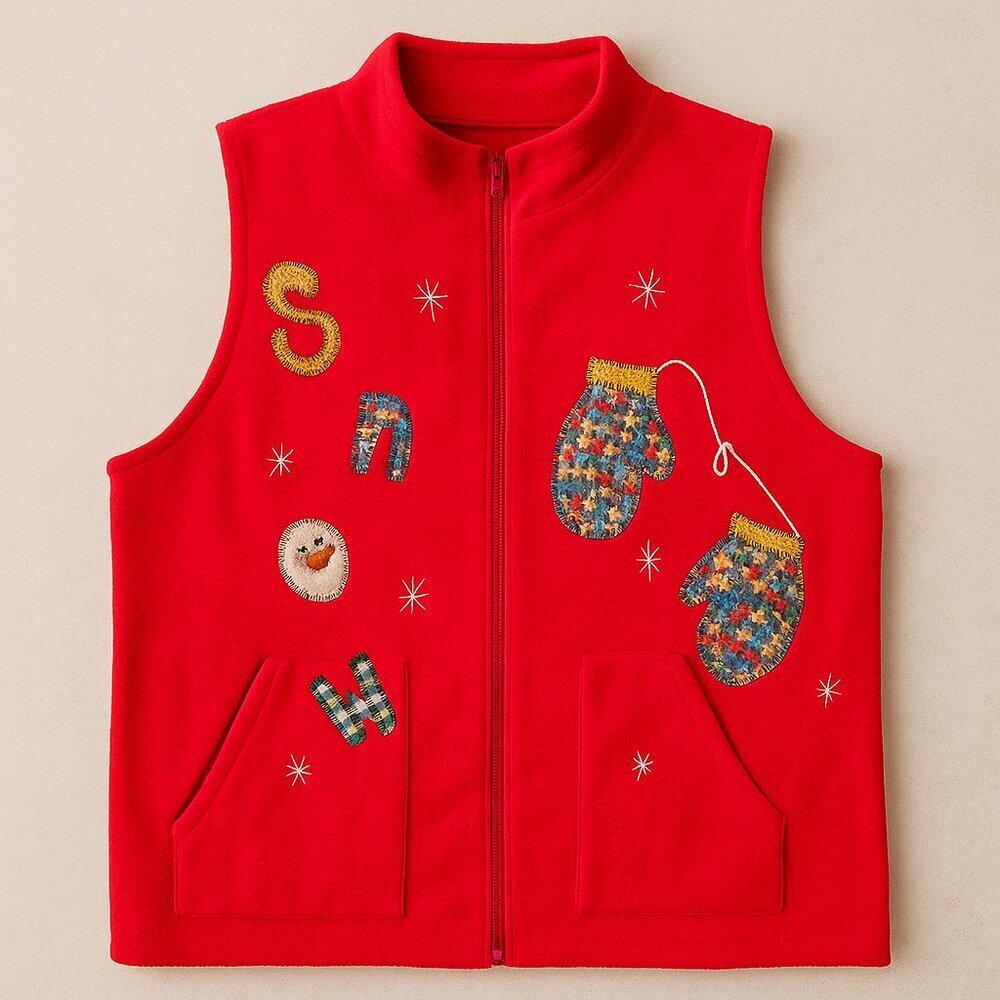 Nyl Wear Red Fleece Holiday Vest 1X Snowmen Mittens Appliqué Christmas Novelty